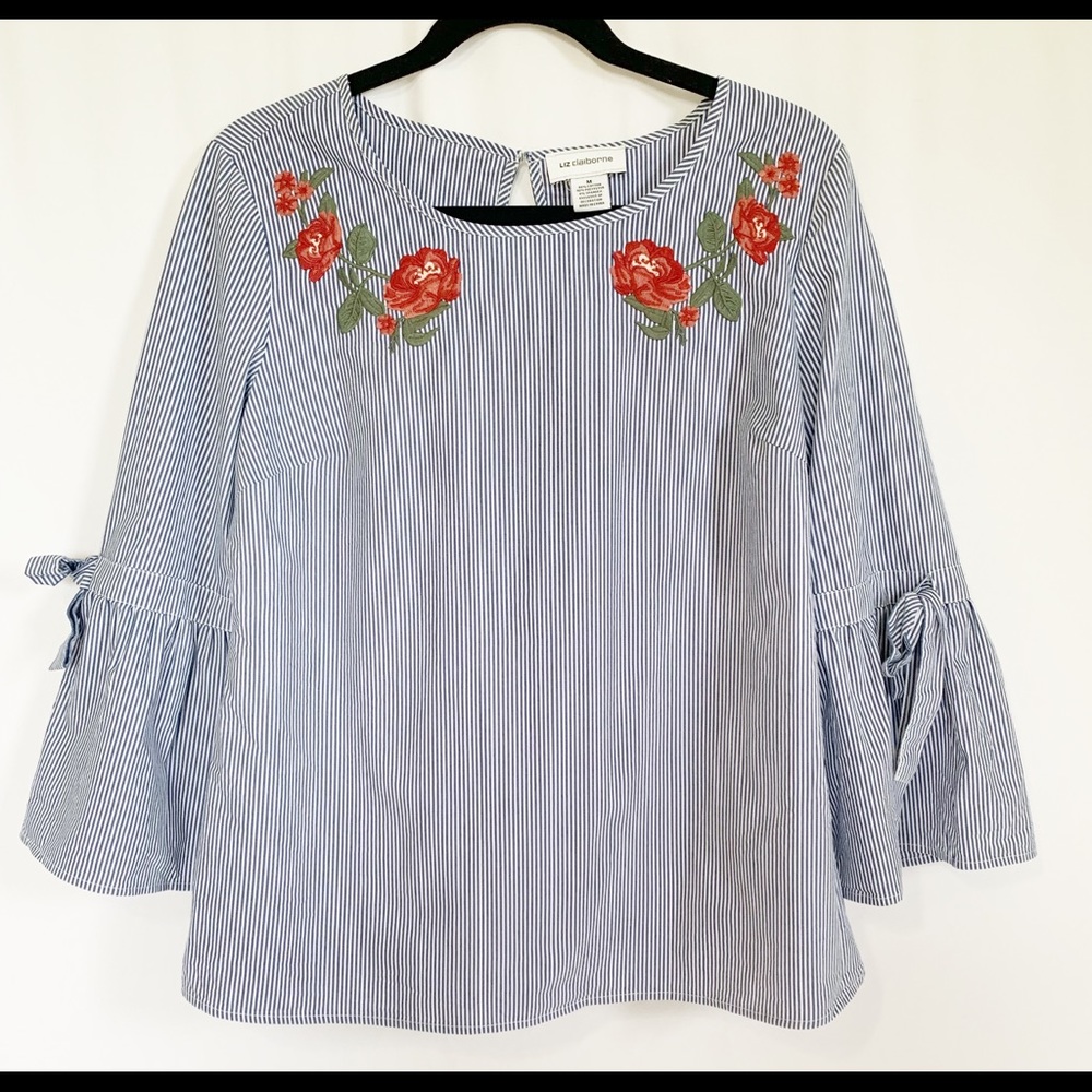 Blue Striped Bell Sleeve Top sz M